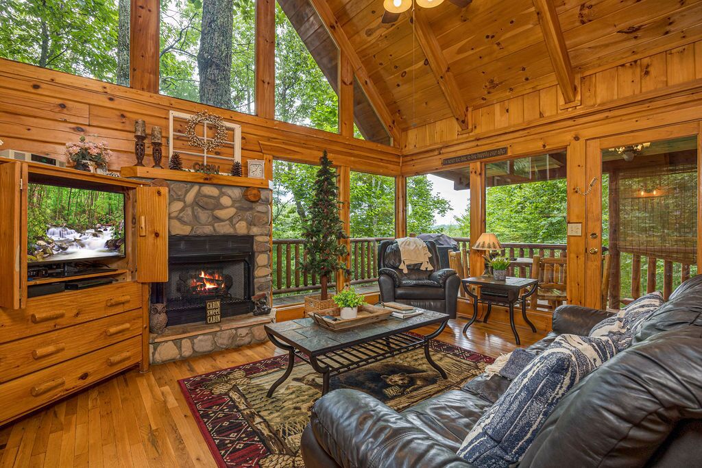 Cabin, 1 King Bed, Hot Tub, Mountain View | Living area | 42-inch flat-screen TV with cable channels, TV, fireplace