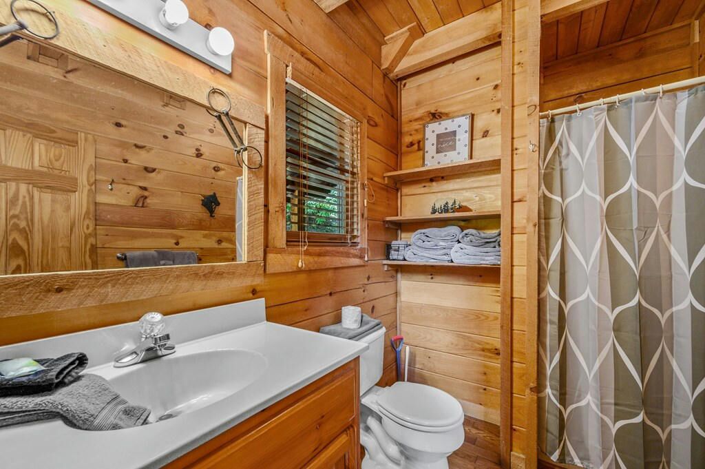 Baño de cabaña de madera con lavamanos, inodoro y cortina de ducha.