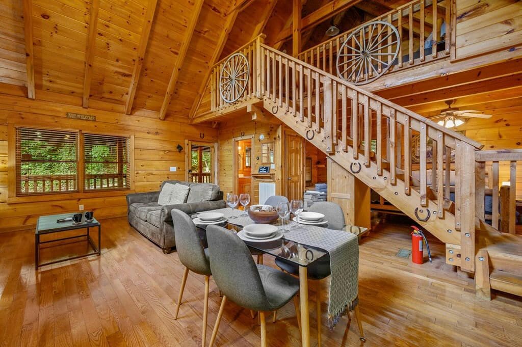 Cabin, 1 Queen Bed with Sofa bed, Hot Tub | Living area | 50-inch flat-screen TV with digital channels, TV, fireplace