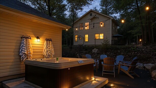 A hot tub in front of a wooden house with string lights and chairs. - 5BR|Private Lake|Pools|Hot Tub|Near Camelback (East Stroudsburg)