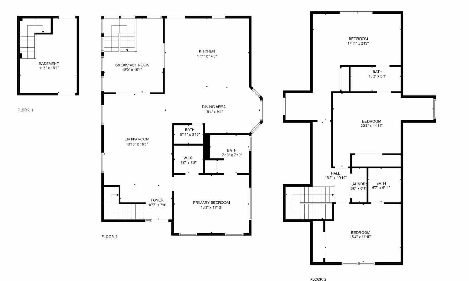 Planta baixa de uma casa com três andares, incluindo um porão. Apresenta uma sala de estar, sala de jantar, cozinha, dois quartos, um banheiro, hall de entrada, suíte principal, corredor e lavanderia.