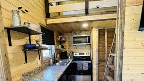 A compact kitchen with wooden walls, a granite countertop, stainless steel appliances, and a built-in microwave. - "The Matador" Westcliffe Outpost Cabin  (Westcliffe)