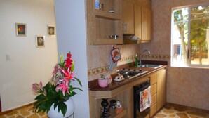 Une cuisine avec des meubles de rangement en bois, une cuisinière et un évier. On y trouve une plante en pot, ornée de fleurs, posée sur un tabouret.