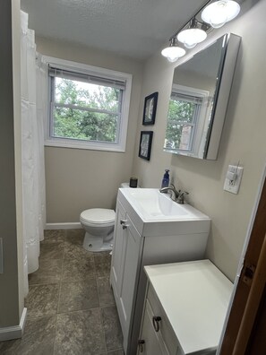 A bathroom with a toilet, sink, and shower area. There is a window above the toilet and a mirror above the sink. - COZY LAKE COTTAGE/CASITA in a quaint country setting (Reading)