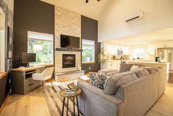 Smart TV, fireplace, books, stereo