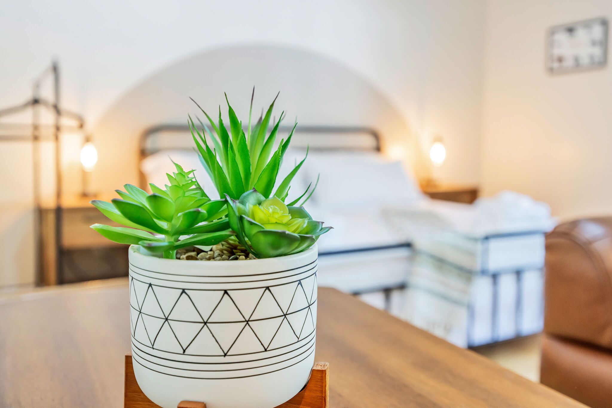 A potted succulent plant on a wooden table in a room with a bed and a bedside lamp in the background.