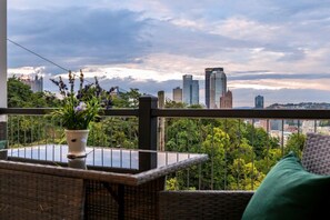 A balcony with a view of a city skyline, a potted plant, and a wicker table.