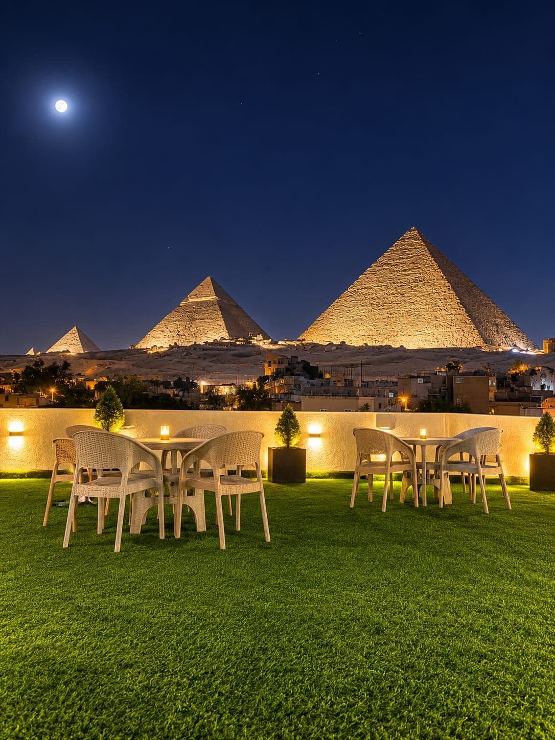A nighttime view of the pyramids with outdoor seating and a view of the city.