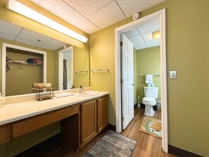 Jetted tub, hair dryer, towels, soap