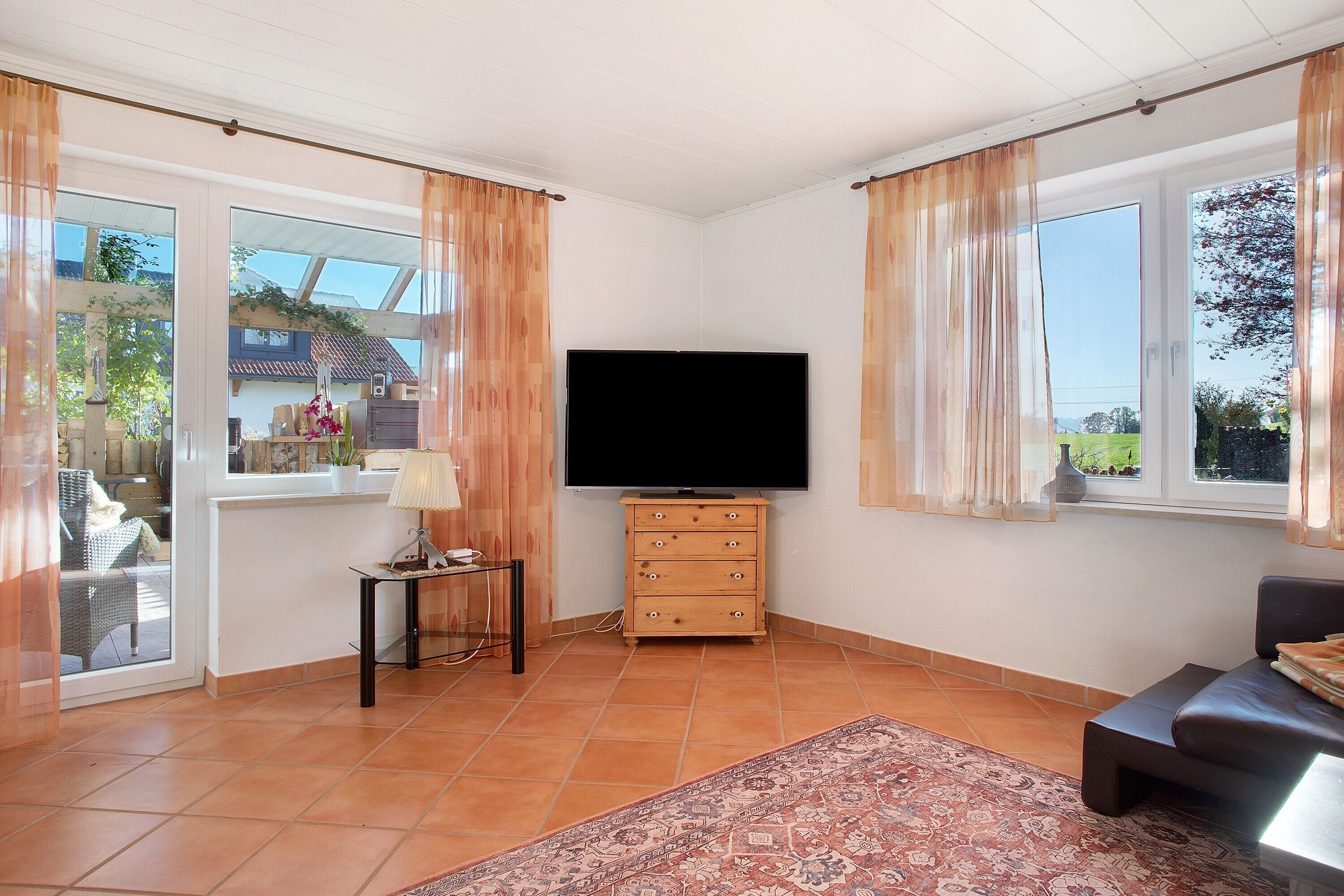 Uma sala de estar com televisão, armário de madeira e tapete estampado.