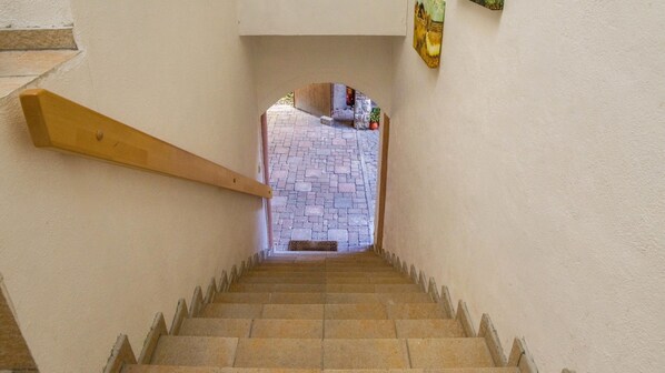 Una escalera que conduce a un espacio exterior con un sendero pavimentado y una planta en maceta.