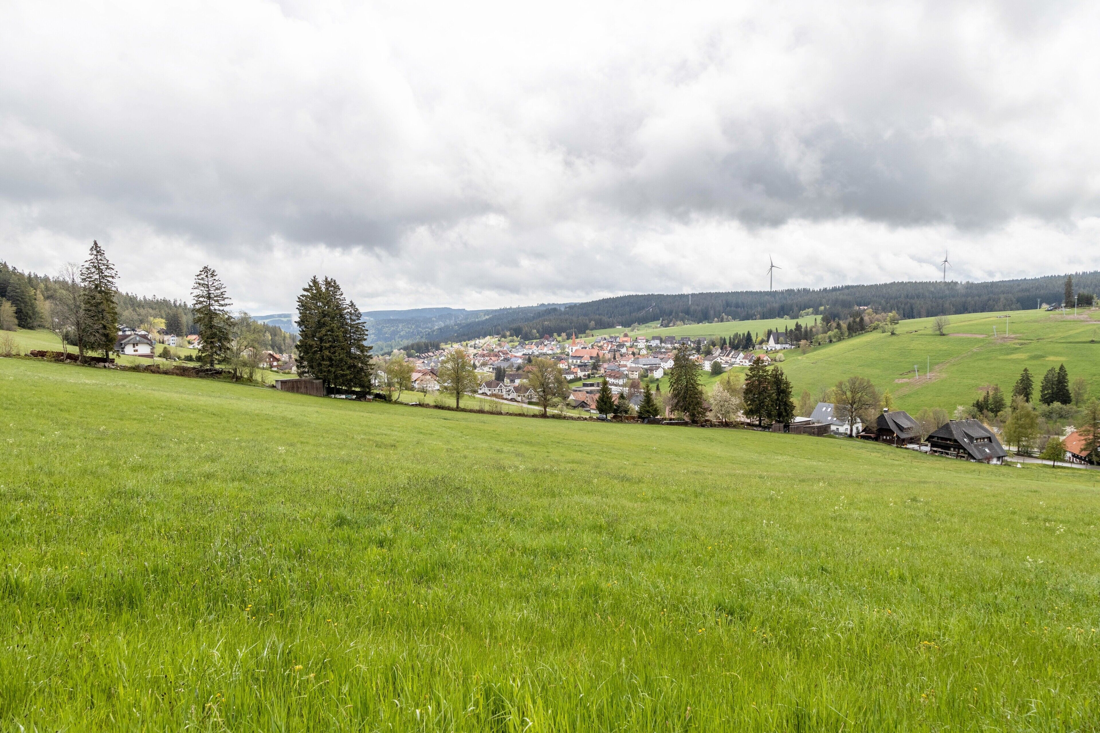 Een landelijk landschap met een dorp, groene velden en windmolens.