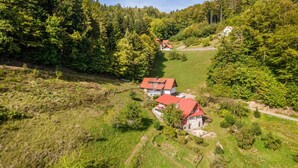 A rural property with multiple houses, surrounded by dense forest and rolling hills. - Haus Wiesenruhe Apartment 1 – Modern & Cozy (Seebach)