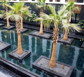 Zona de piscina con palmeras y un edificio moderno al fondo.