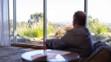A person sitting by a window with a view of a landscape.