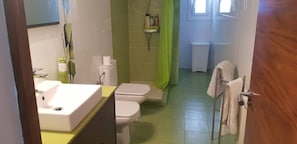 Kylpyhuone, jossa on pesuallas, kaksi wc:tä, suihku ja pyyhekoukku.
