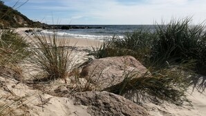 A sandy beach with waves, some grass, and a large rock. - "Lucie" - 50m from the sea by Interhome (Rønne)
