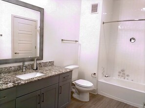 Bathroom features a large mirror, white toilet, bathtub with glass door, and shower area.