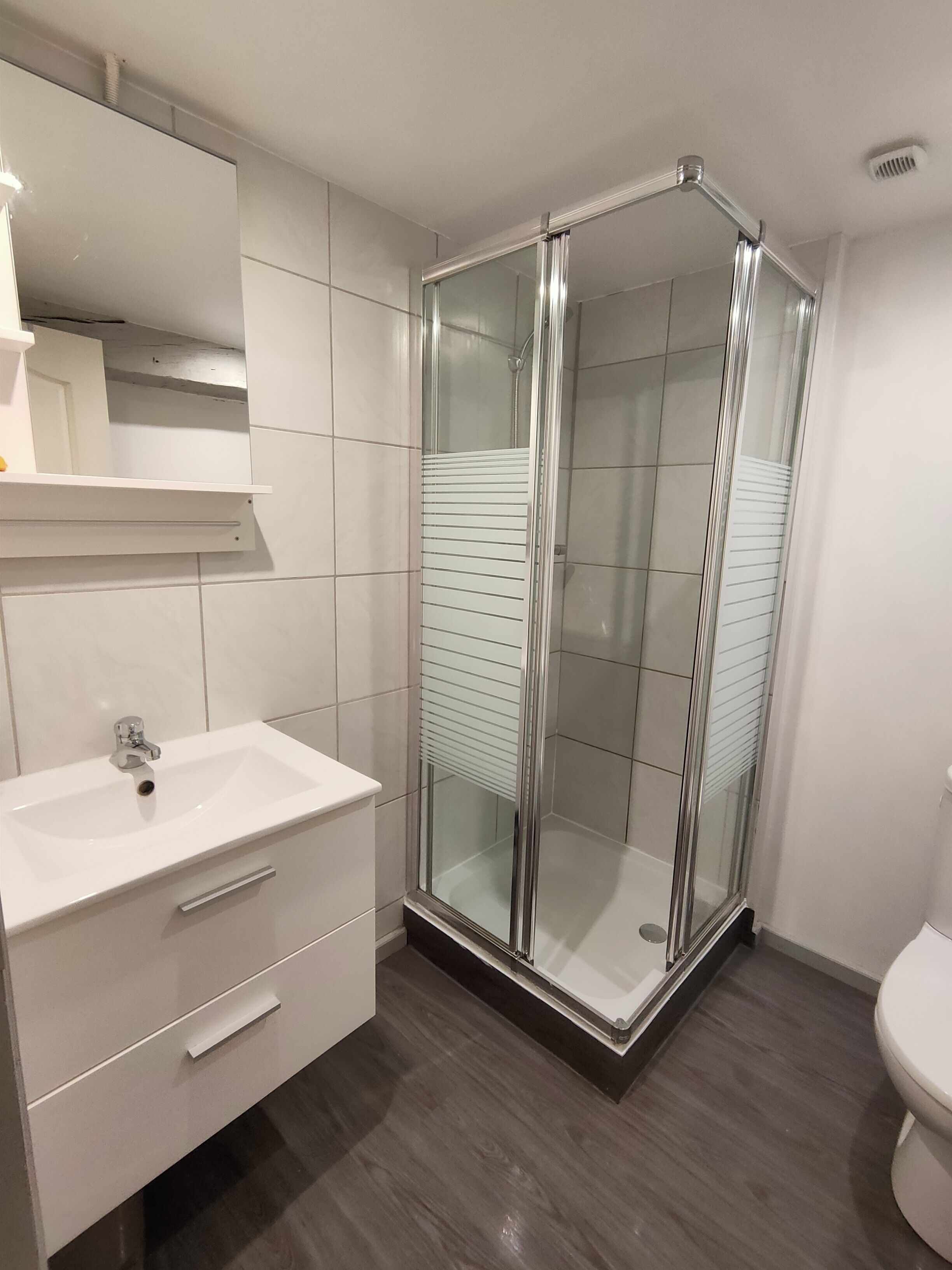 Une salle de bain moderne avec une douche à parois de verre, un lavabo blanc et des toilettes.