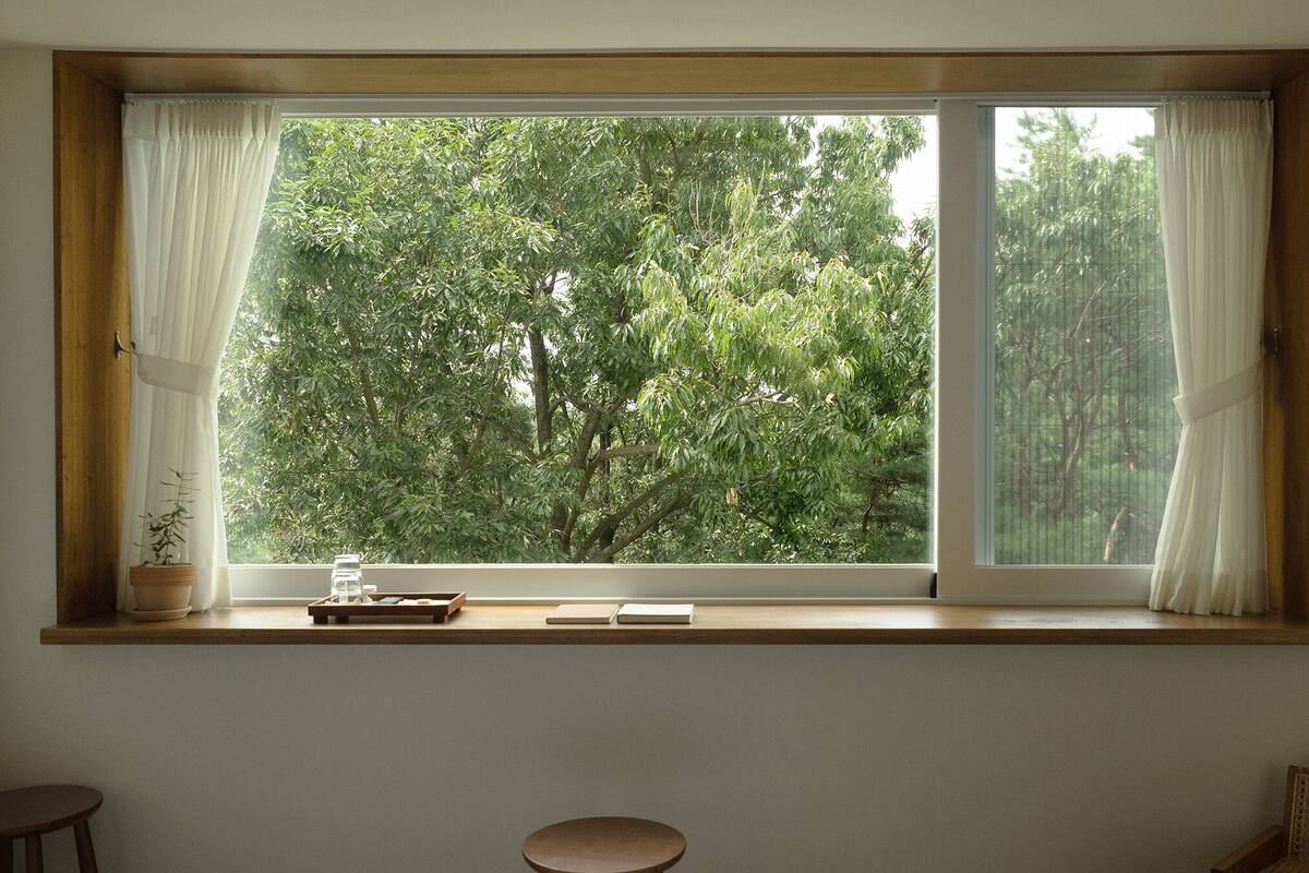 A room with a large window overlooking a dense forest.