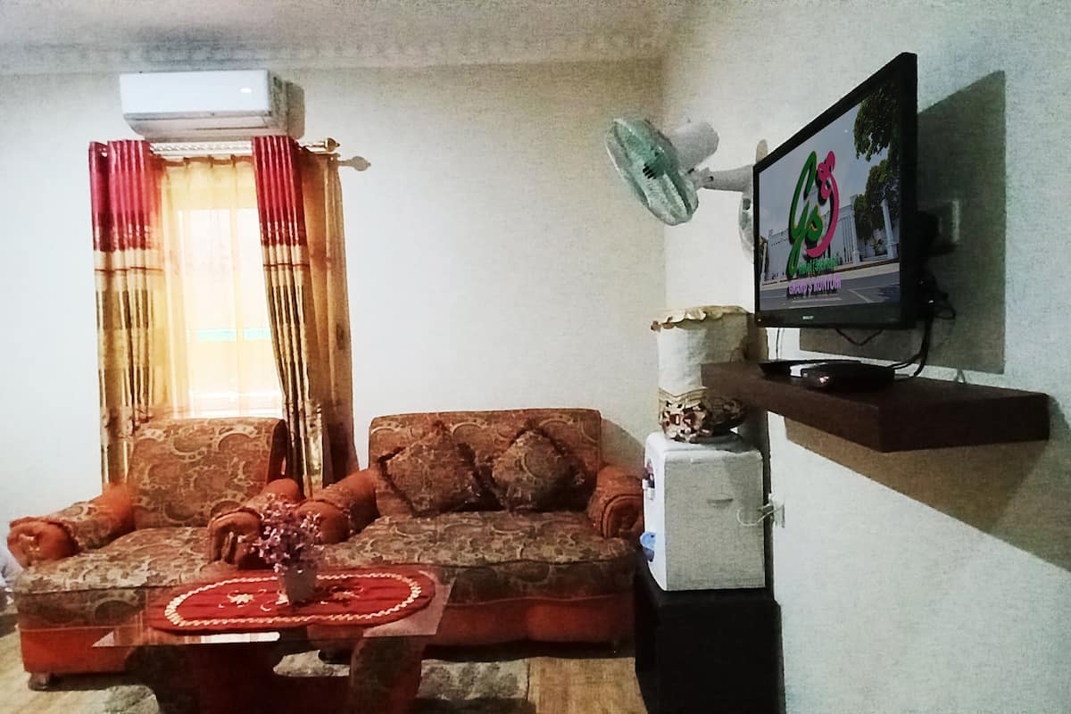 Ein Wohnzimmer mit einer Couch, einem kleinen Tisch mit einer Vase, einem Fernseher auf einem Schrank und einer Wand-Klimaanlage.