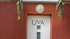 Una puerta con el nombre "LIVA" en la parte superior, flanqueada por dos plantas colgantes.