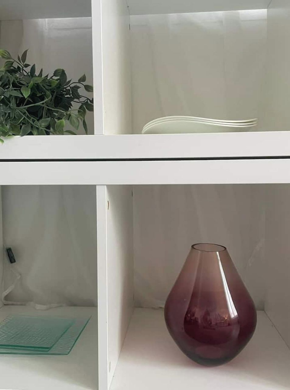 A white shelf unit with a green plant, a white plate, and a red vase.