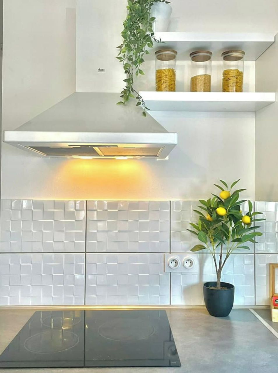 A modern kitchen with a built-in stove, a stainless steel range hood, and a potted lemon tree.