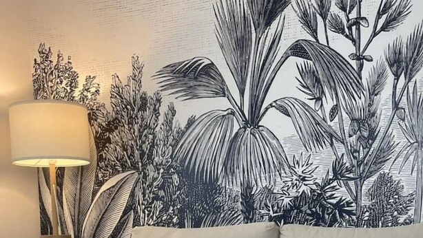 Una sala de estar con un sofá, una mesita de centro con una bandeja, una lámpara e impresión botánica en la pared.