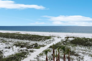A beach with white sand, sparse vegetation, and a clear blue sky.