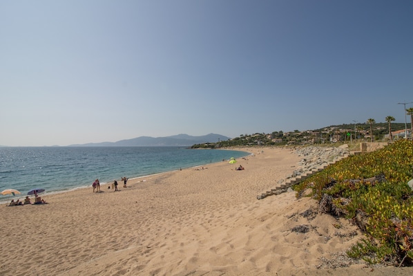 Une plage avec un ciel dégagé, un rivage sablonneux et quelques personnes.