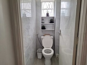 Douche, serviettes fournies, savon, papier toilette
