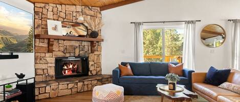 TV, caminetto, libri