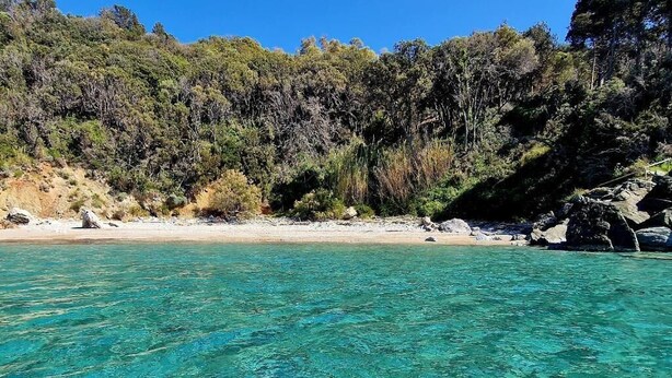 Ein Strand mit klarem türkisblauem Wasser, Sandstrand und bewaldeten Hügeln im Hintergrund.