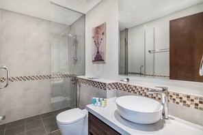 Hair dryer, towels, toilet paper