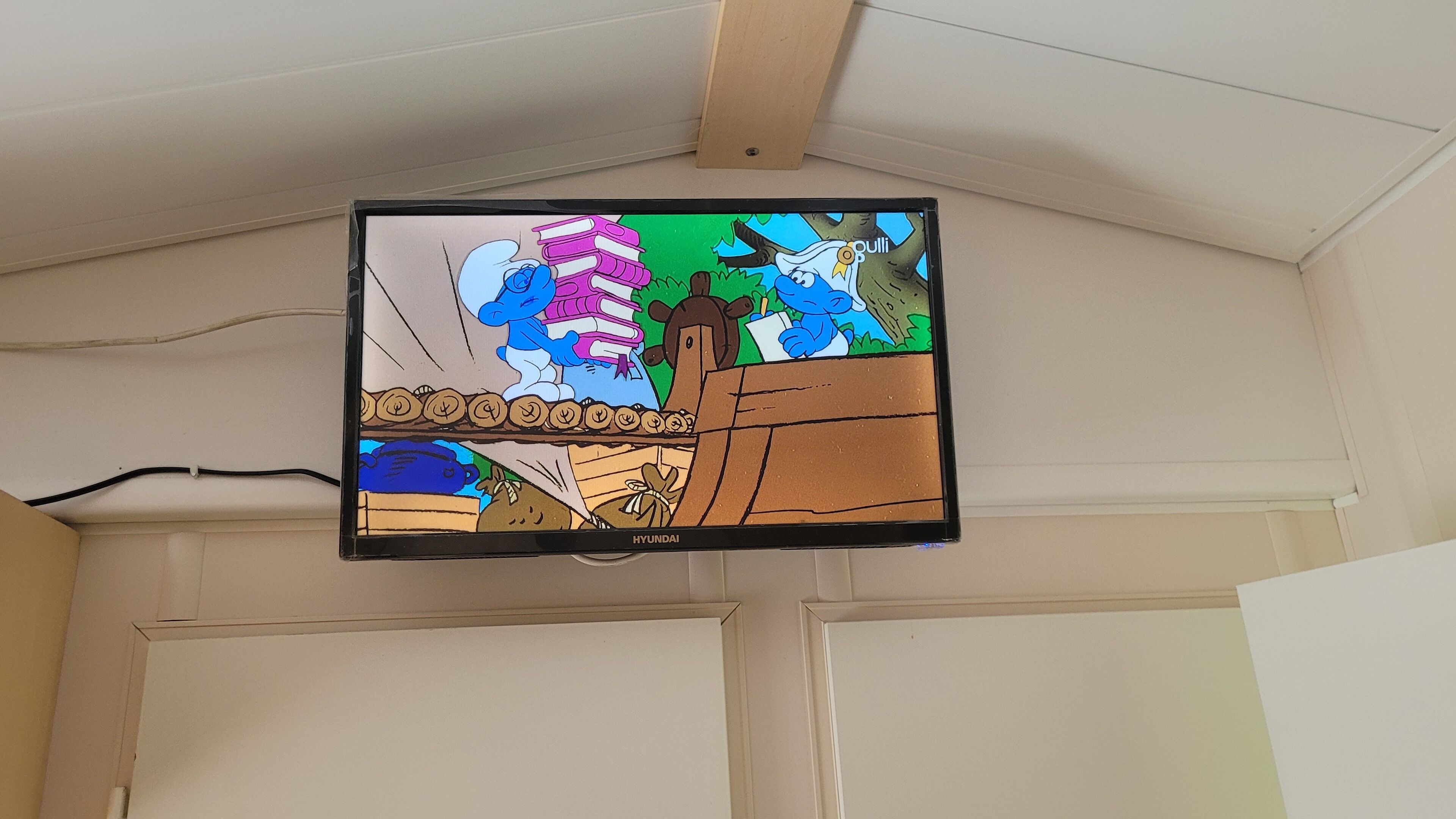A television mounted on a wall with a cartoon image displayed.