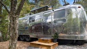 Een klassieke, zilveren camper staat in een bebost gebied, met een klein houten platform en een potplant ernaast.