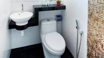 A compact bathroom with a white sink, a toilet, and a shower.