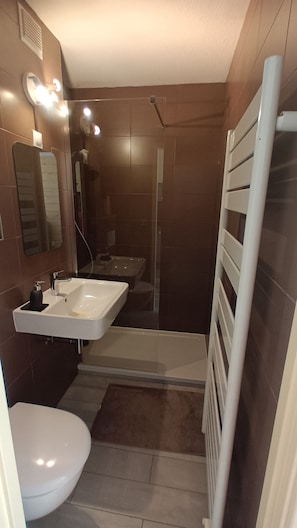 Douche, serviettes fournies, papier toilette