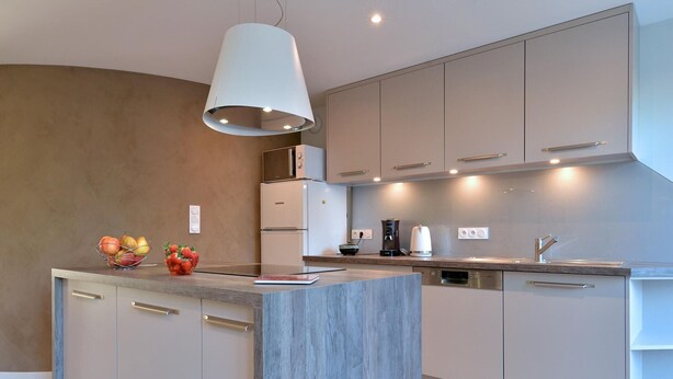 A modern kitchen with a central island, built-in appliances, and a pendant light. - Charming renovated apartment for 4 with terrace in Hunawihr (Hunawihr)