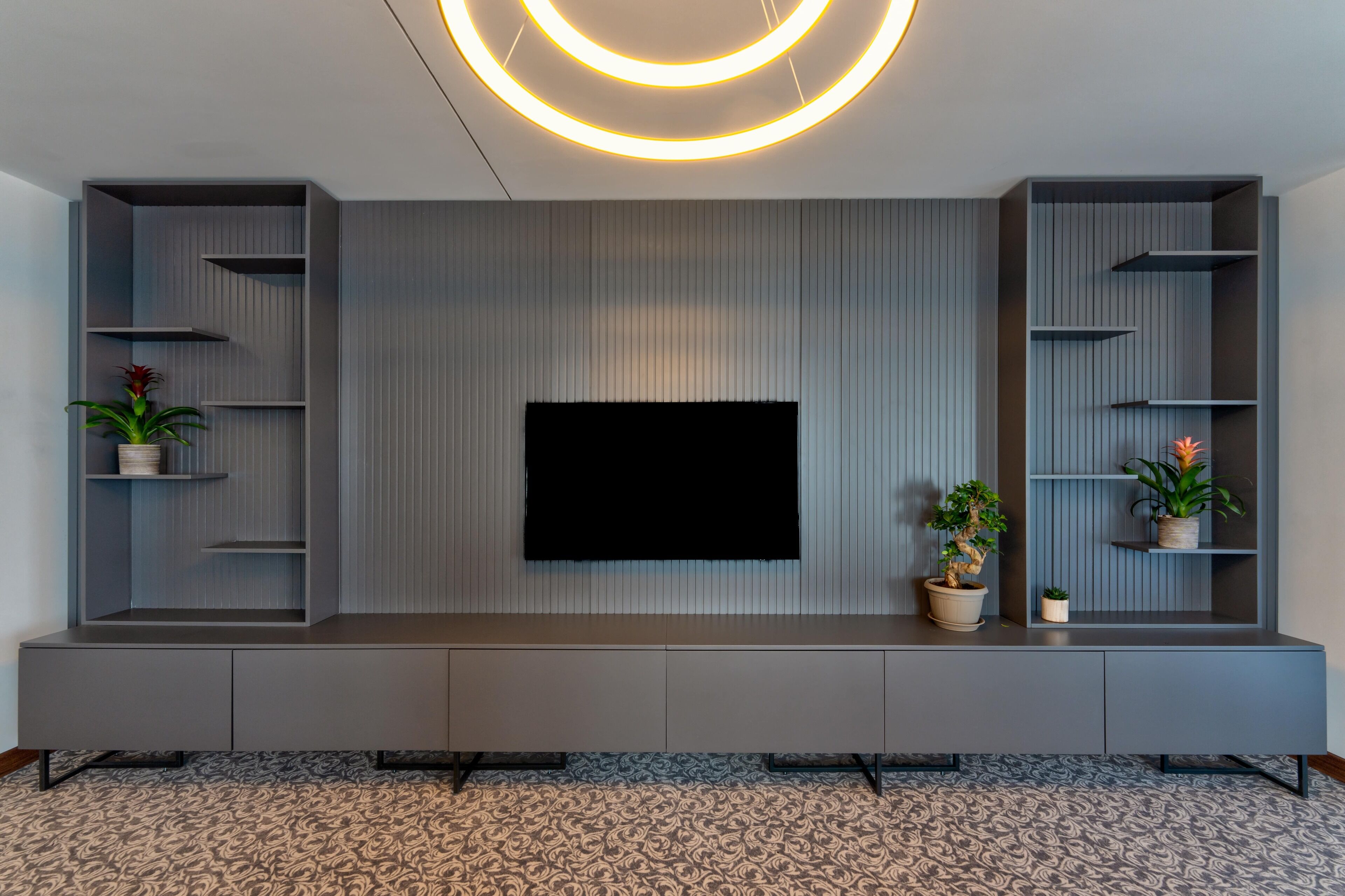 A modern living room with a flat-screen TV mounted on a wall, grey shelving units, and a patterned carpet.