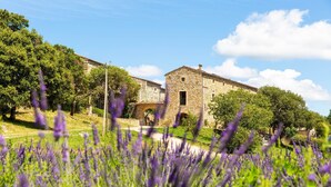 A stone building with a central tower, surrounded by lush greenery and lavender fields. - Domaine de l'Astic  (Vagnas)