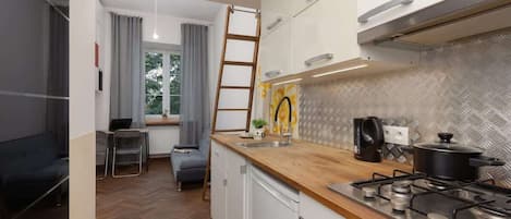 Fridge, oven, stovetop, cookware/dishes/utensils