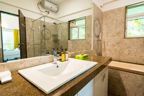 Hair dryer, towels, soap, shampoo