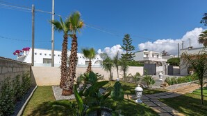 Een verzorgde tuin met palmbomen, een pad en een wit gebouw op de achtergrond.