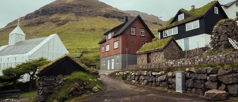 A rural village with traditional houses, a church, and a mountain in the background.