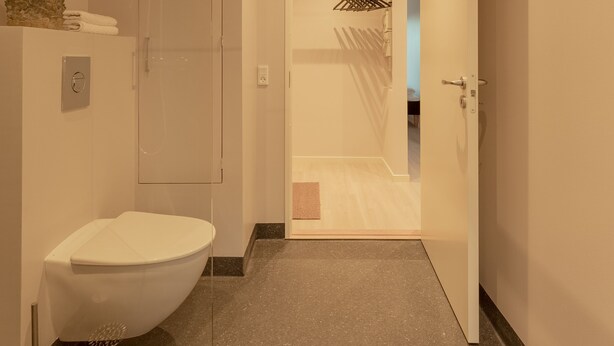 Een moderne badkamer met een wit toilet, een glazen douchecabine en een gang naar een andere kamer.