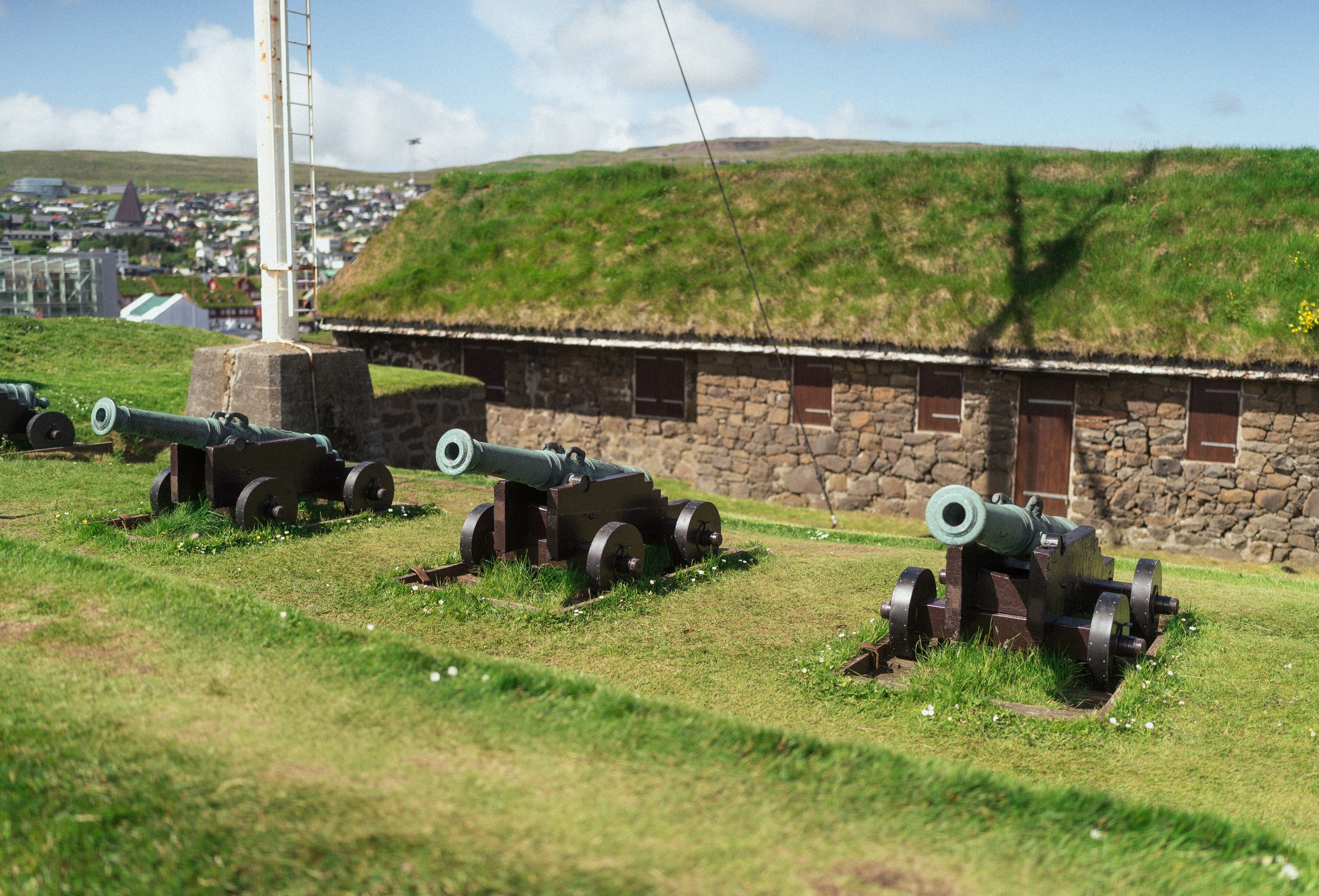 A grassy field with several cannons lined up. In the background, there is a stone building with a thatched roof and a hill with grass.