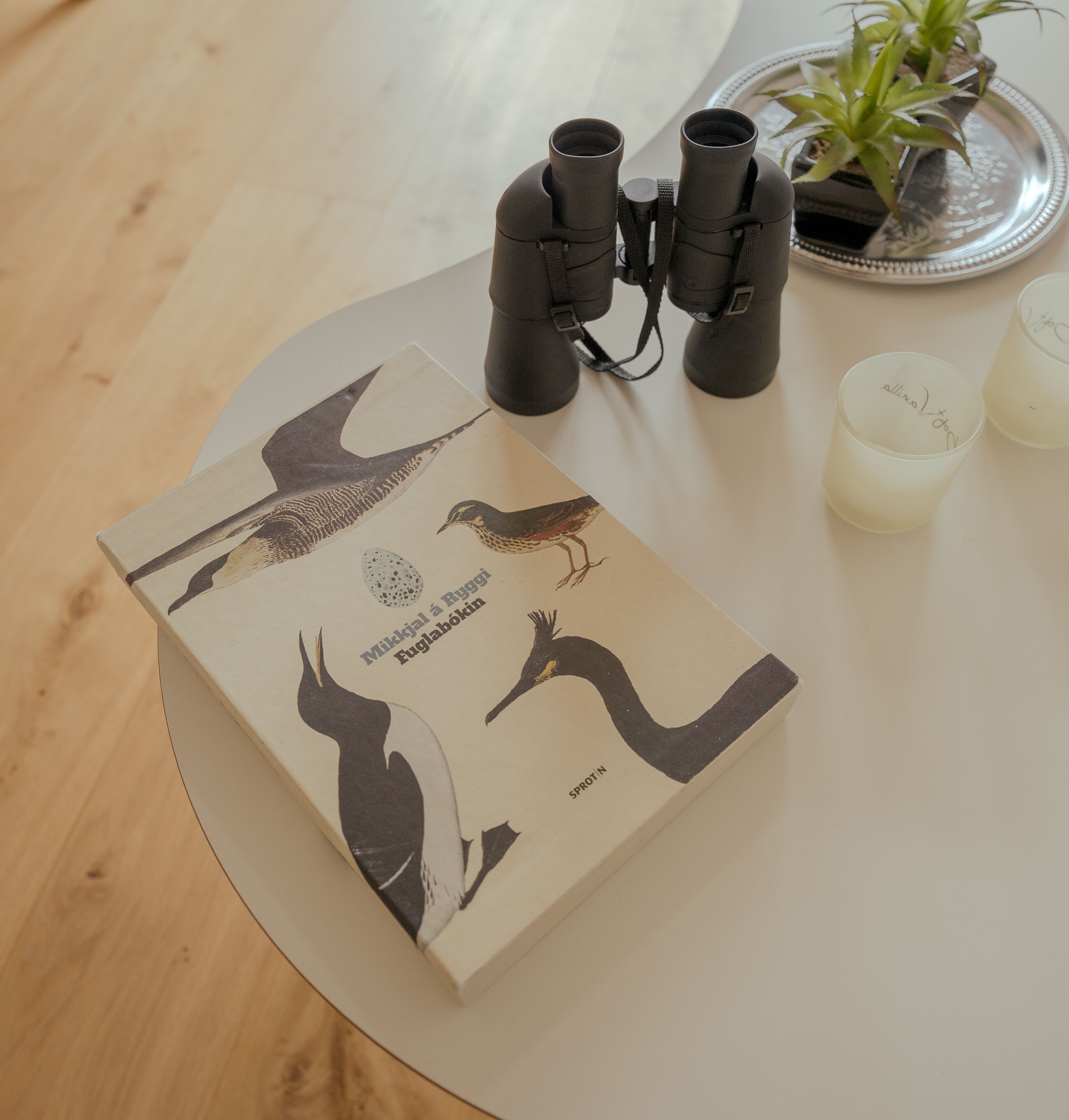 Un livre intitulé « Mikkjal á Rúgi Fuglabókin » est posé sur une table ronde, accompagné de jumelles et de bougies.