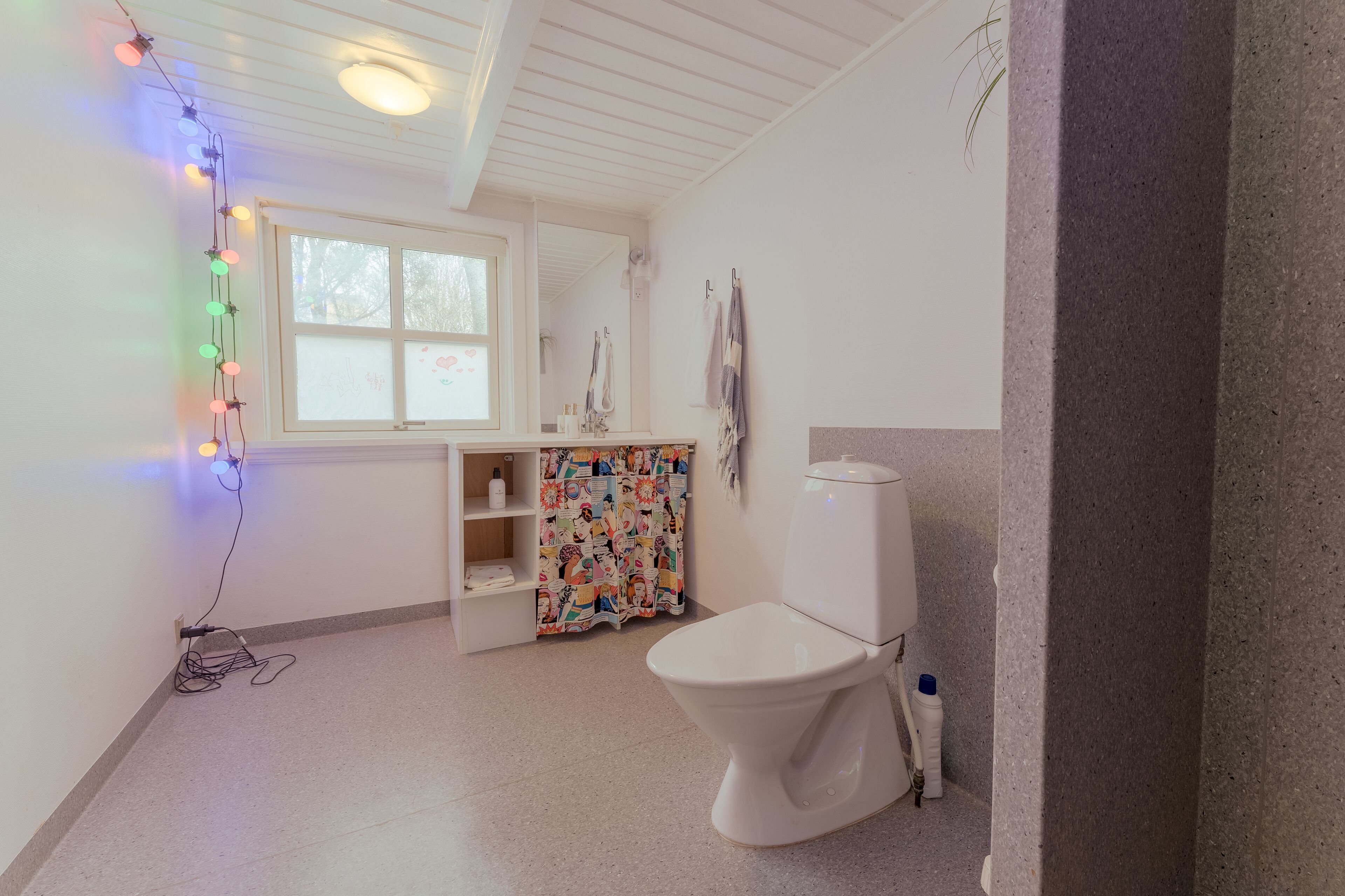 Een badkamer met toilet, een plank met toiletartikelen, een kleurrijk douchegordijn en een raam.